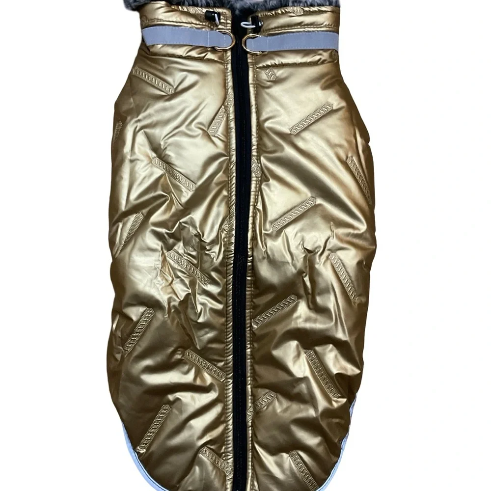 NWOT Gold Metallic Reflective Dog Puffer Jacket 3XL Faux Fur Lined 24” x 24”